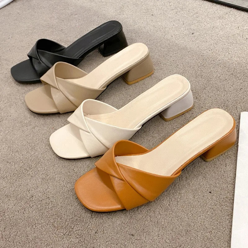 Women's Slippers Summer New Thick Heel Slipper Luxury Casual Leather Slippers for Women Square Toe Open Toe Slides Muller Slides